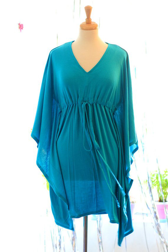 F4763 Blue Drawstring Bat Sleeve V Neck Casual Beach Dress Cover Up